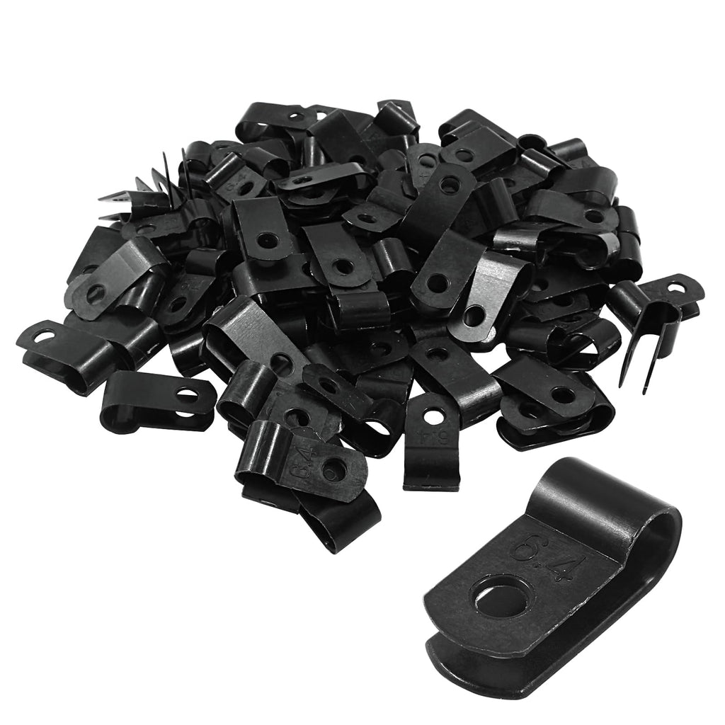 Unlorspy 100 Pcs Black R-Type Cable Clip 1/4 Inch Nylon Plastic R Type Wire Clamp for Wire Management (6.4mm, 1/4 Inch) 6.4mm, 1/4 Inch