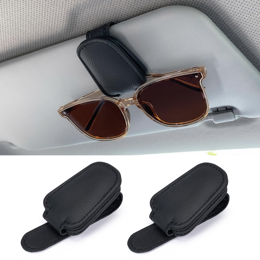 Sunglasses Holders for Car Sun Visor, 2pack Magnetic Leather Glasses Eyeglass Hanger Clip for Car, Visor Sunglasses Holder Clip Car Accessories for Truck BLACK