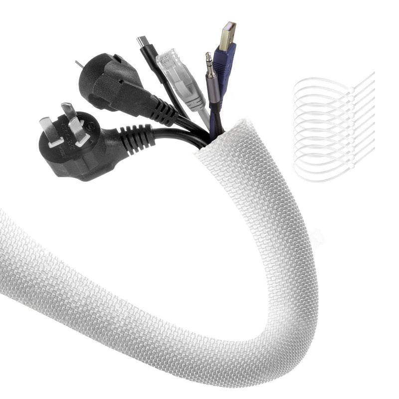 AGPTEK Cable Sleeve Cover, 10ft - 4/5inch, with 10 Fastening Cable Ties, Cord Management for Home Office Desk PC TV Computer Automotive Wire Loom Tubing Cord Protection Self-Wrapping, White 4/5" - 10ft
