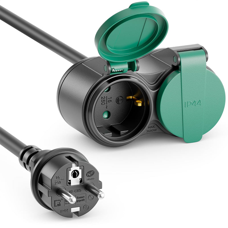 deleyCON 2 m Outdoor Extension Cable IP44 3G 1.5 mm² 2 x Socket - Black | H07RN-F, power cable extension, weather-resistant rubber cable for outdoor use, earthing contact plug to 2x socket