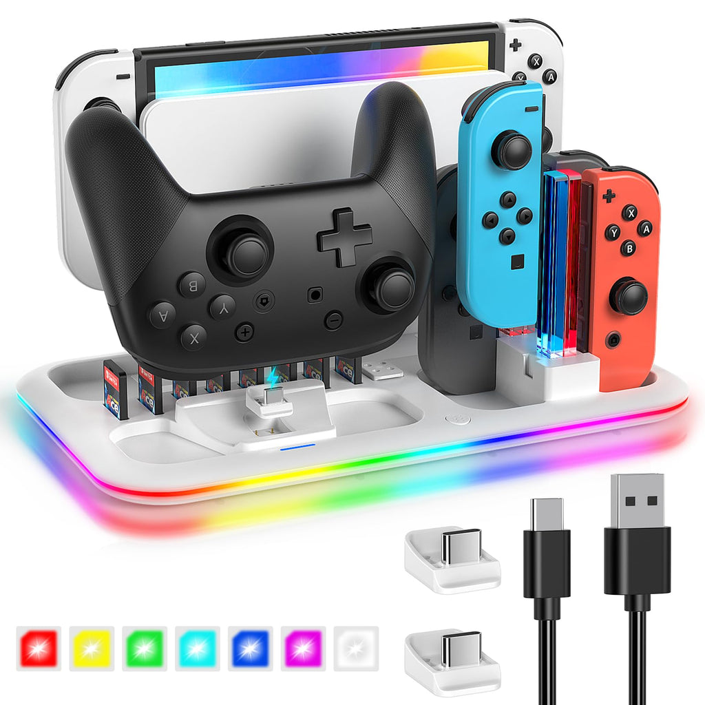 RGB Switch Controller Charger Dock Station for Nintendo Switch & OLED Model Joycon, Charging Docking Station Stand for 4 Joy Cons and Switch Pro Controller with LED Charging Indicator & 8 Game Slots