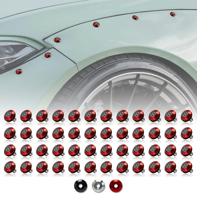 M6 18mm Red Tapered Aluminum Washer Bolt Kit for Widebody Fender Flares | 48-set · engine bay dress-up · bumpers · mud flaps · 3.5mm thick · bolts + rivet nuts · rubber spacers · CNC machined