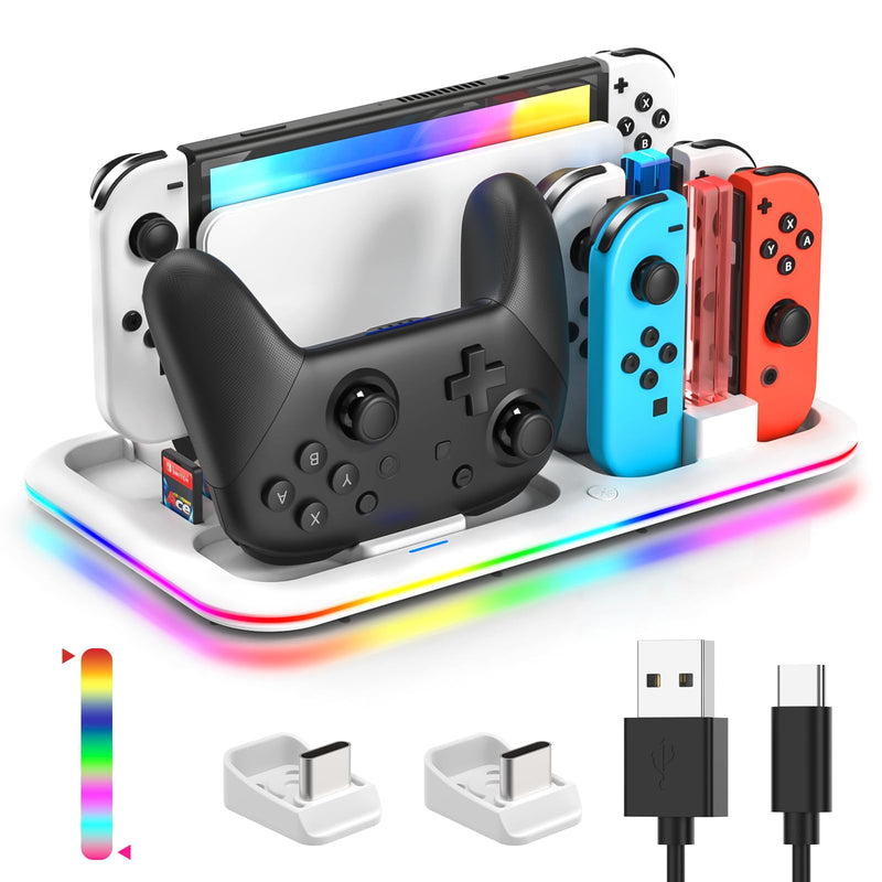 RGB Switch Controller Charger for Nintendo Switch & OLED Model with Led Light, Joycon Charger with Switch Pro Controller Charger, Switch Charging Station Dock Organizer with 8 Game Slots & USB Cables