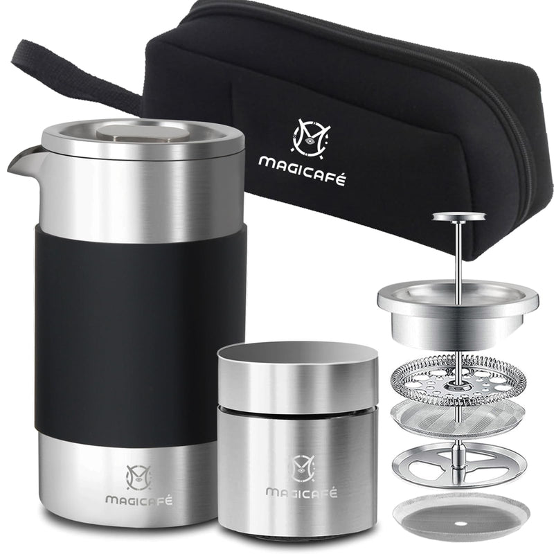 French Press Coffee Maker Set, Portable French Press with Mini Coffee Canister and Collection Bag, Single Serve 1 Cup Small Stainless Steel Double Walled Coffee Press 350ml/12oz 12oz+1.4oz
