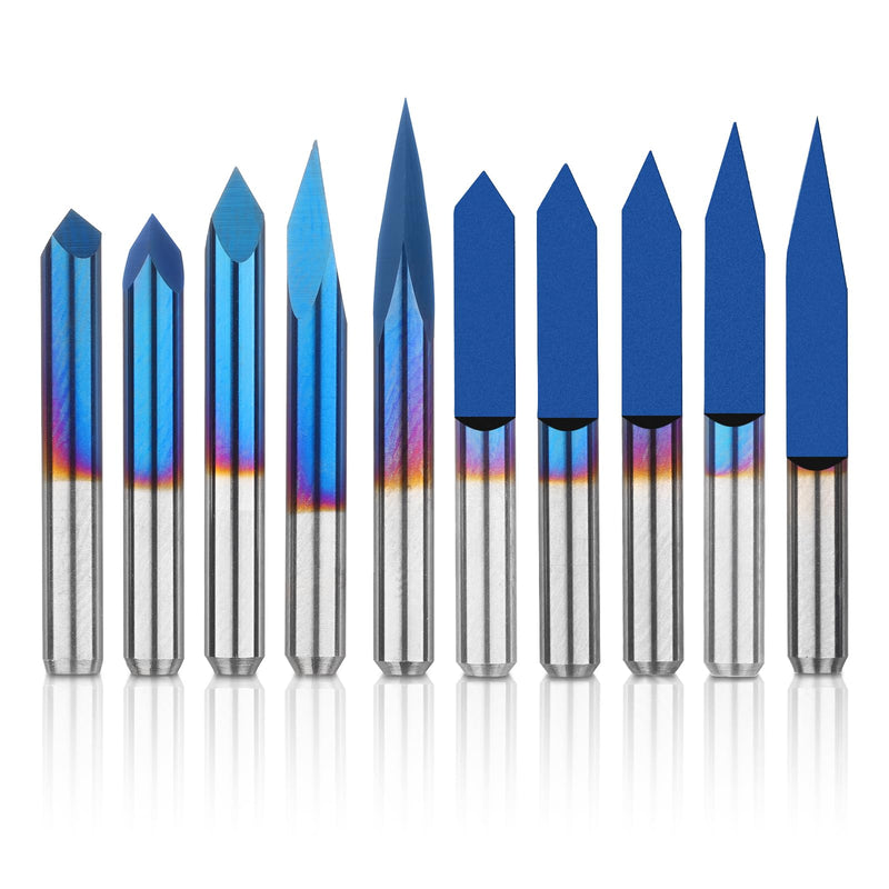 Genmitsu 10pcs CNC Router Bit Set with 1/8" Shank Flat V Bit:20/30/45/60/90 Degree Triangle V Bit:20/30/45/60/90 Degree 0.1mm Tip Nano Blue Tapered Coating 20/30/45/60/90 degrees, 0.1mm tip