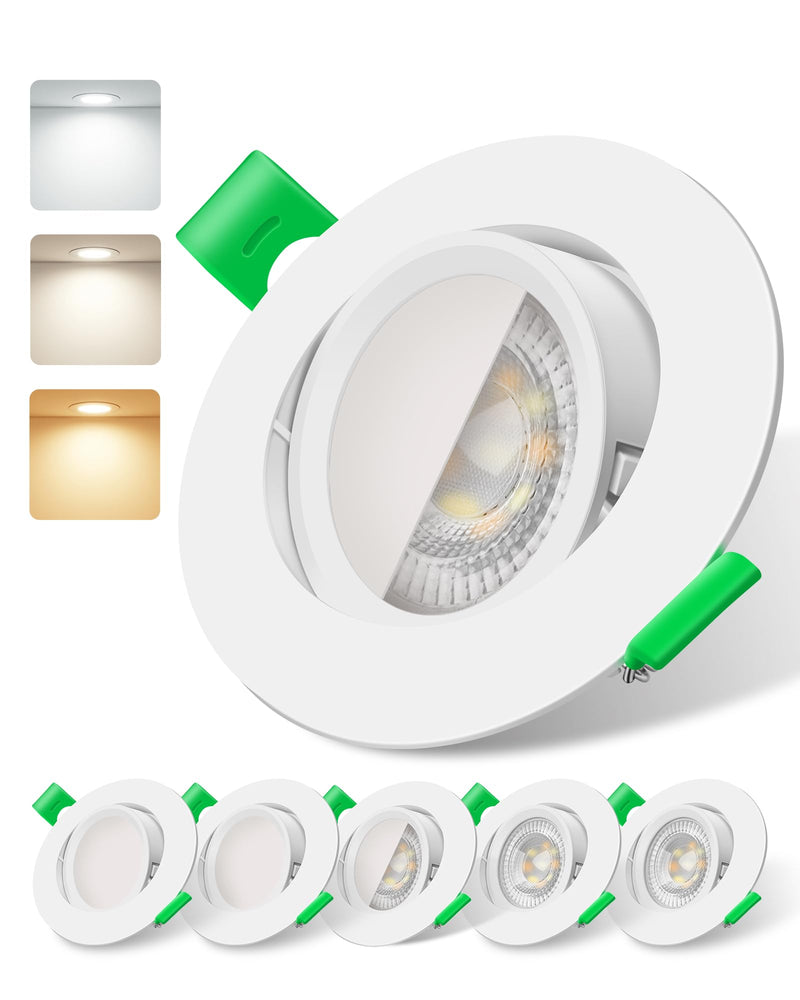 Alusso LED Recessed Spotlight 230 V Dimmable | 75-78mm 45° Tilt 6W 540lm, 3000K Warm White 4000K Neutral White 6500K Cool White for Kitchen, Height 1 inch, White, Set of 6 White, 3cct (3000/4000/6500k) Neigung Abnehmbar, Ø75-78mm Lochmass