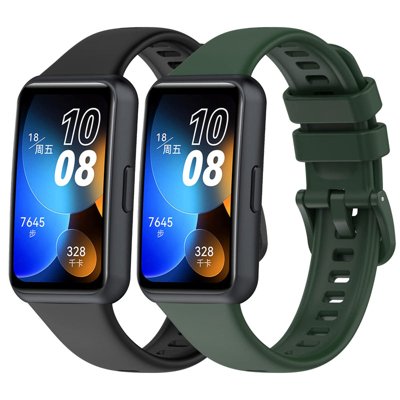 2 Pack Silicone Waterproof Replacement Bands Compatible with Huawei Band 9/Band 8 Black+Green