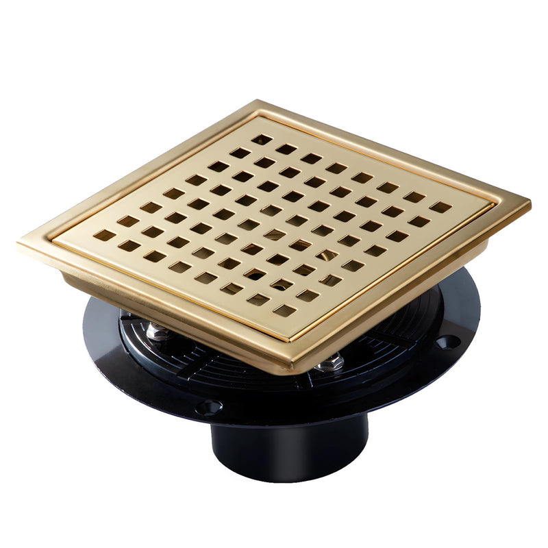 SaniteModar Shower Drain, 6 inch Shower Floor Square Drain with Flange, Removeable Grid Panel SUS 304 Stainless Steel Square Shower Drain, Brushed Gold
