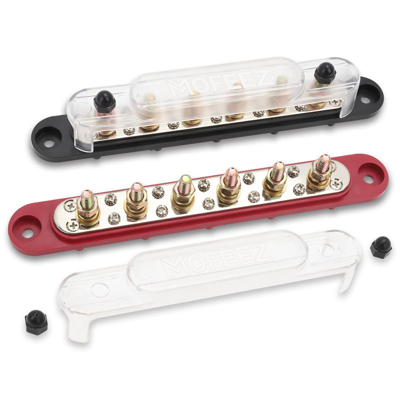 MOFEEZ Power Distribution Block Bus Bar, 6 x 5/16" Posts, 10 x #8 Screws Terminals, Max 48V 250A (Pair, Red & Black) 6*5/16"