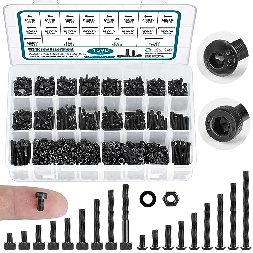 SATANTECH 1590Pcs M3 Screw Kit, Hex Button and Socket Head Bolts and Nuts Washers Set, 12.9 Grade Alloy Steel M3 Screw Assortment Kit for 3D Printing Black M3 Hex Button&Socket Head Kit