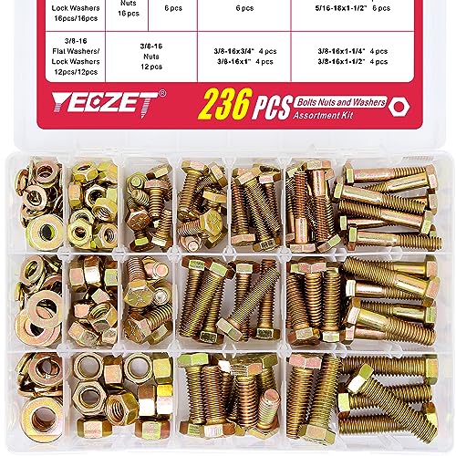236PCS Grade 8 Heavy Duty Bolts and Nuts Washers Kit, 1/4-20 5/16-18 3/8-16 Hex Bolts Nuts Assortment Kit, Includes 13 Most Common Sizes 1/4-20 5/16-18 3/8-16--Bolts and Nuts Kit (236PCS)