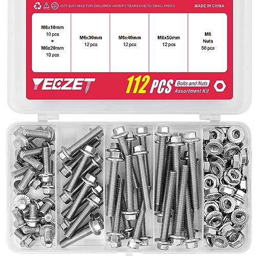 112PCS M6 Stainless Steel 304 Flanged Hex Head Bolts and Nuts kit 10mm 20mm 30mm 40mm 50mm 112PCS M6 Bolts and Nuts Kit