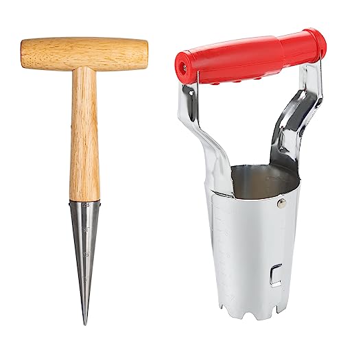 FLORA GUARD Bulb Planter & Wood Handle Seed Planter Dibber with Depth Mark for Sowing Seed,Transplanting Plants,Planting Bulb,Digging