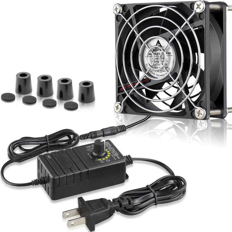 GDSTIME 80mm x 25mm Computer Fan with AC Plug, 100V-240V Variable Speed Controller for Modem Terrarium Router Receiver DVR PlayStation Xbox Component AV Cabinet Cooling 8025 w/ Speed Controller