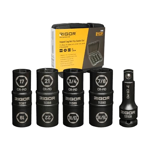 RIGOR 11386 1/2-Inch Drive Wheel Lug Nut Flip Socket Set, 5-piece | Impact, Cr-Mo Steel | 8-IN-4 Flip Socket, 17mm,19mm, 21mm, 22mm Metric Sizes & 3/4-Inch,13/16-Inch, 7/8-Inch,15/16-Inch SAE Sizes