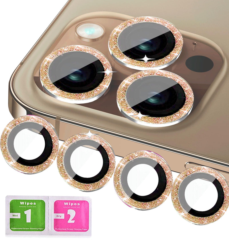 KONVOK [3+1 Compatible with iPhone 12, 12 mini, 12 Pro Camera Lens Protector Glitter Bling, Tempered Glass Clear Camera Cover Screen Protector Metal Ring Accessories, Case Friendly (Gold) Glitter,Gold for iphone 12 pro,12 and 12 mini