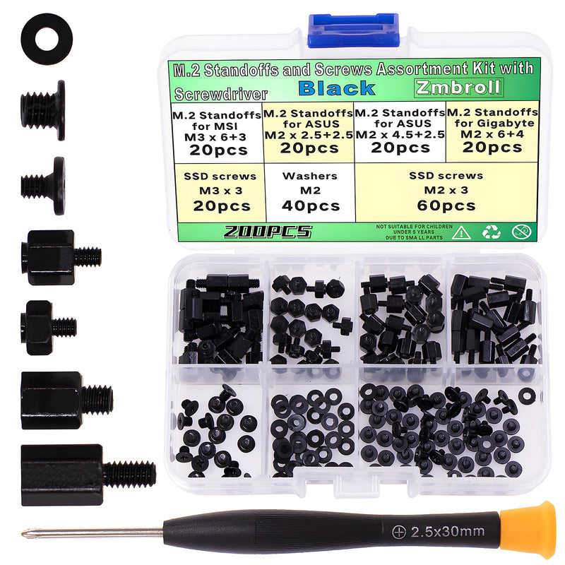 200Pcs M.2 Screw Kit - Black M2 SSD Mounting Screws for NVMe Laptops, Asus, Gigabyte, MSI Motherboards