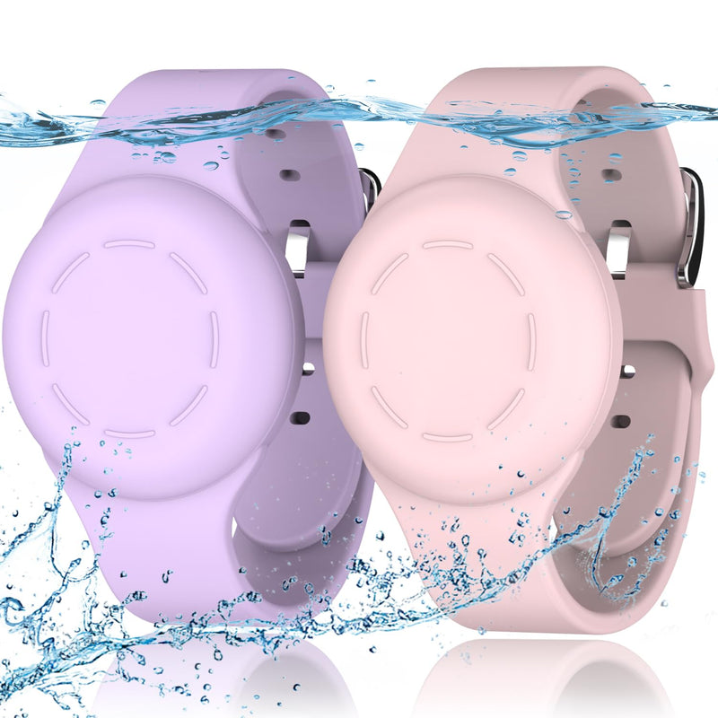 R-fun Waterproof Air Tag Bracelets for Kids [2 Pack] Compatible with Apple Air Tag Finders with Soft Silicone,Anti Lost GPS Item Finders Case Cover for Kids,Pink/Light Purple Pink/Light Purple