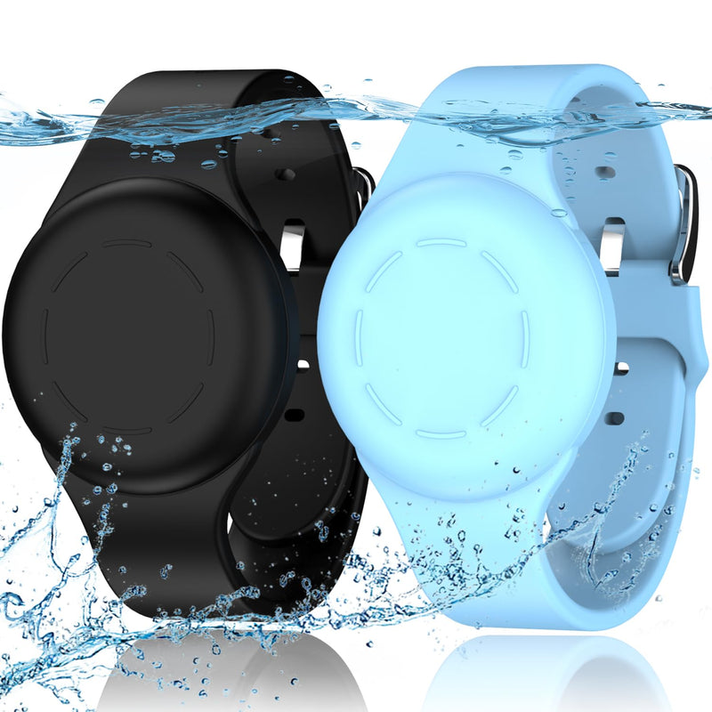 R-fun Waterproof Air Tag Bracelets for Kids [2 Pack] Compatible with Apple Air Tag Tracker with Soft Silicone,Anti Lost GPS Trackers Case Cover for Kids,Black/Glow Blue Black/Glow Blue