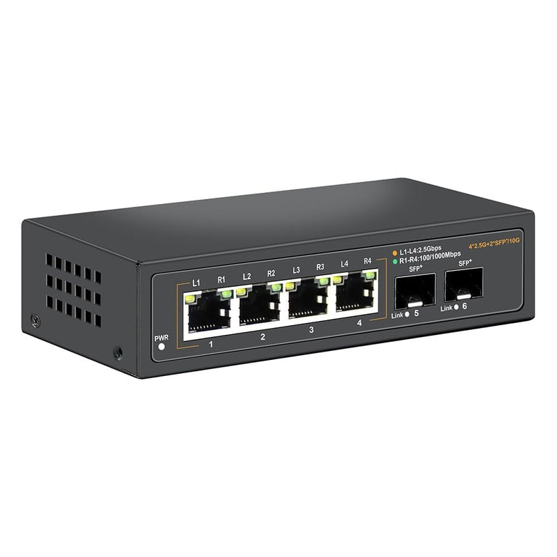 2.5G Unmanaged Ethernet Switch with 4 x 2.5G Base-T Ports and 2 x 10G SFP Uplink Port, Compatible with 100/1000/2500Mbps, Fanlesss Design, Plug & Play, Metal 2.5Gb Network Switch Da-K6402W