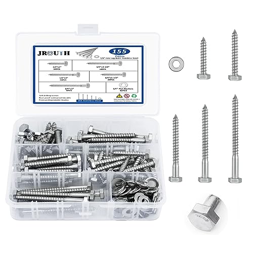 1/4 x 1 to 3" Hex Lag Screws, 155PCS Hex Lag Bolts Heavy Duty Wood Screws Washers Assortment Kit Stainless Steel 18-8 (304) 1/4 x 1"-3" (155 set) Silver