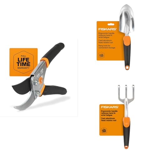 Bundle of Fiskars Bypass Pruning Shears, 5/8-Inch Cut Capacity + Trowel for Digging and Planting + Ergo Cultivator for Digging, Aerating Soil, and Weeding