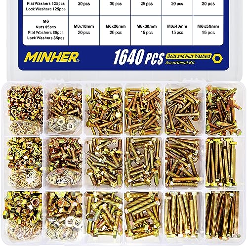 MINHER 1640PCS M4 M5 M6 Bolts and Nuts Assortment Kit Grade 8.8 Alloy Steel Hex Screws Nuts & Washers,Includes 15 Regular Sizes (Large Box) M4, M5, M6 (1640PCS)