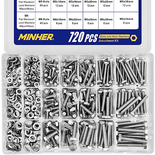 MINHER 720PCS M4 M5 M6 Bolts and Nuts Assortment Kit 304 Stainless Steel(18-8) Hex Screws Nuts & Washers, Includes 15 regular sizes M4, M5, M6 (720PCS)