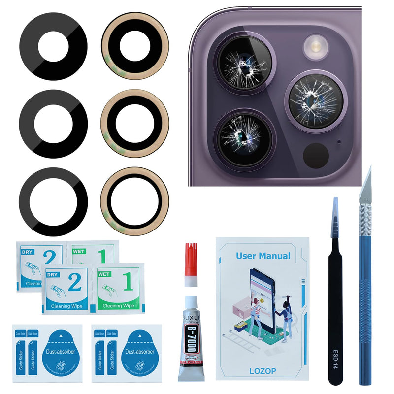 OEM Rear Camera Lens Glass Replacement with Adhesive Pre-Installed Compatible for iPhone 14 Pro / 14 Pro Max (3 Pieces/Set) with Repair Tools and Installation Manual iPhone 14 Pro/iPhone 14 Pro Max