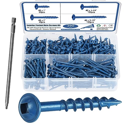 SATANTECH Pocket Hole Screws Assortment Kit, 390Pcs in 4 Sizes #8 x 1, 1-1/4", 2", 2-1/2", Coarse Thread Wood Screws with Square Drive, Blue Coated, Self Tapping, Drive Bit Included