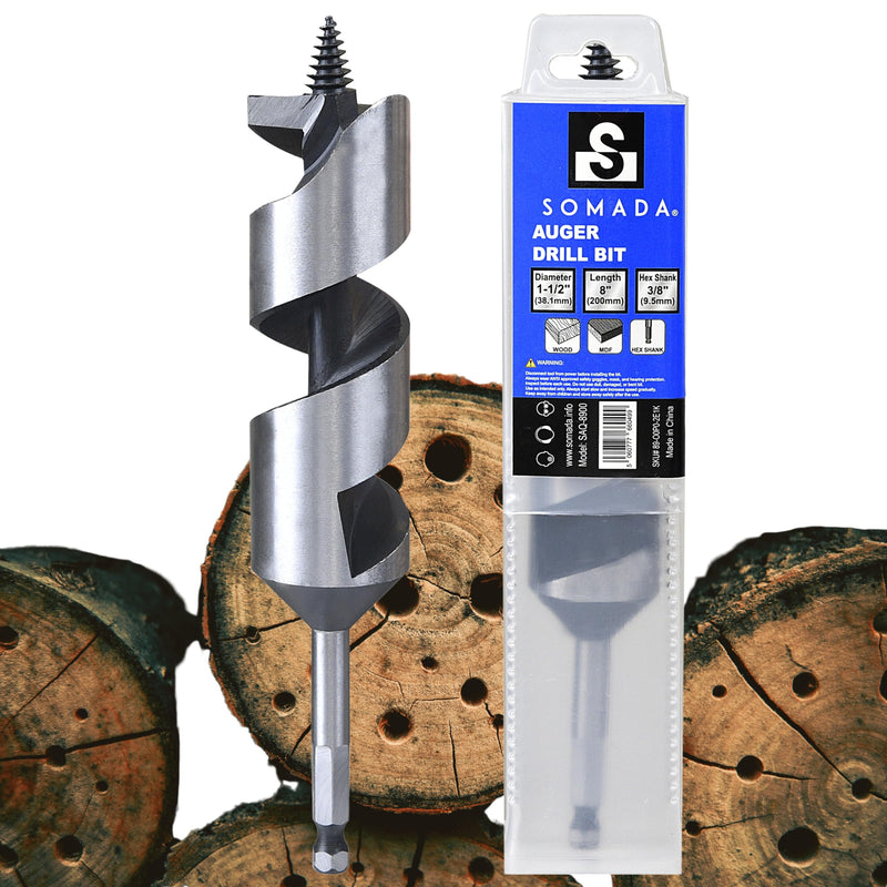 SOMADA 1-1/2-Inch x 8-Inch Auger Drill Bit for Wood, Quick Change Hex Shank 3/8-Inch One Piece, Ship Auger Long Drill Bit for Soft and Hard Wood, Plastic, Drywall and Composite Materials 1-1/2"x8" Silver