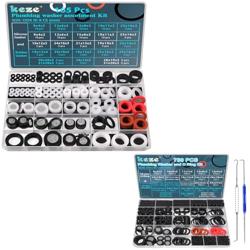 KEZE 780 PCS 32 Size Rubber Washer Assortment Kit with Pick and Hook Set and 165 PCS 24 Sizes Plumbing Washers Kit for Valve Sealant Faucet O Rings Faucet Automotive Hydraulic Pipe Repair