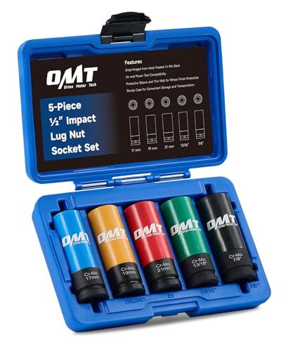 OMT 1/2" Drive Lug Nut Socket Set, Metric And SAE Wheel Socket Set, 5pc 17 19 21 mm & 13/16 7/8 inch Standard