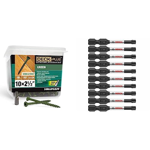 Deck Plus 48402 Wood Screws #10 x 2-1/2'', Green, 5lb Box & Bosch ITT25205 5-Pack 2 in. Torx #25 Impact Tough Screwdriving Power Bits #10 x 2-1/2" Deck Screws + 5-Pack 2 In.Power Bits
