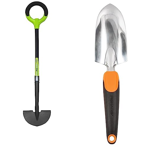 25602 Pro-Lite Ergonomic Carbon Steel Edger & Fiskars Ergo Gardening Hand Trowel - Ergonomic Handle Design with Hang Hole - Heavy Duty Garden Tool for Digging