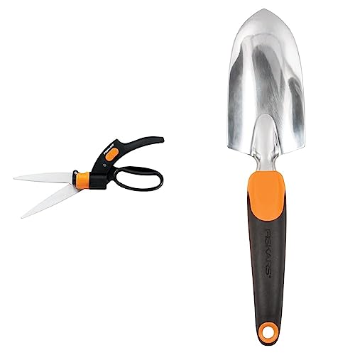 Fiskars ShearEase Grass Shears - 5'' 360-Degree Swivel Blade - Garden Shears and Grass Cutter - Black & Ergo Gardening Hand Trowel - Ergonomic Handle Design with Hang Hole