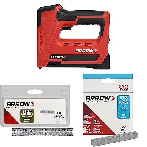 Arrow ET501C Cordless 5-in-1 Professional Staple and Nail Gun & 18-Gauge Steel Brad Nails for Molding, Cabinets, Framing, Trim, and Finishing, 1000 Pack & Heavy Duty T50 1/2-Inch Staples, 1250-Pack Staple and Nail Gun + Brad Nails + Staples