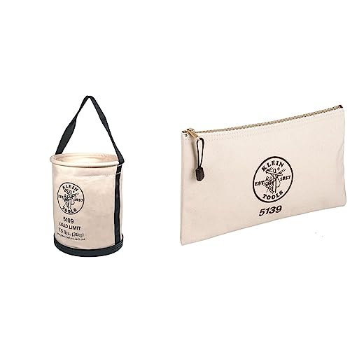 Klein Tools 5109 Canvas Bucket, Wide-Opening Straight-Wall Tool Bucket with Black Molded Bottom, 75-Pound Load Rated & 5139 Zipper Bag, Canvas Tool Pouch 12.5 x 7 x 4.25-Inch