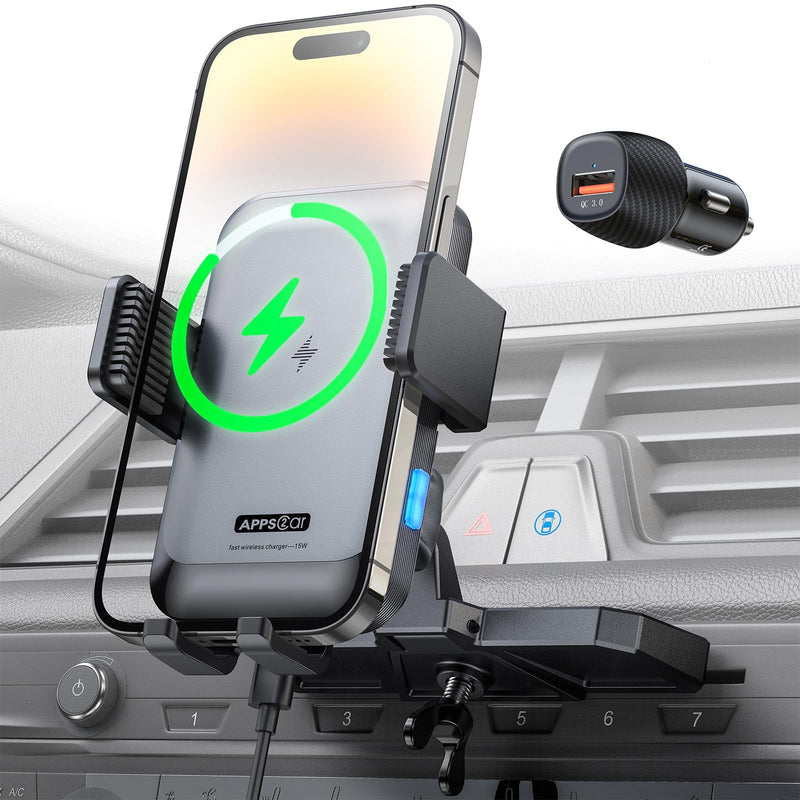 APPS2Car Wireless Car Charger Mount CD Slot Auto Clamping 15W Fast Charging CD Phone Holder for Car Wireless Charger Fit for iPhone 17 16 15 14 13 12 Pro Max, Samsung S25 S24, Google, LG etc.