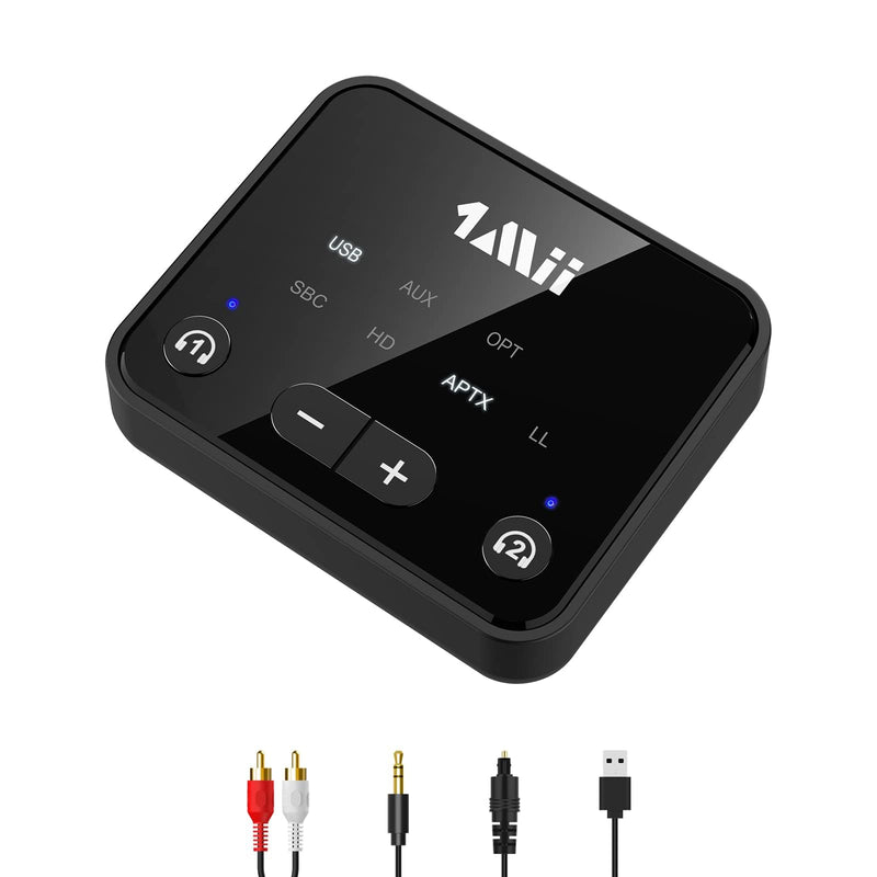 1Mii Bluetooth 5.3 Transmitter for TV to 2 Wireless Headphones, Long Range 100ft Bluetooth Adapter for TV aptX Low Latency& HD/Volume Control, Optical/USB/AUX/RCA Audio Inputs