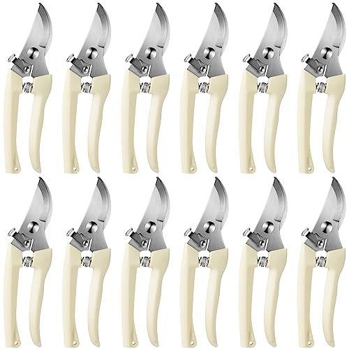 Therwen 12 Pcs Garden Shears Flower Scissors Pruning Shears Floral Garden Clippers Hand Pruners Branch Cutter Gardening Tools for Plants Cutting, Trimming, Fruits Picking (Beige,Bypass) Beige, Bypass