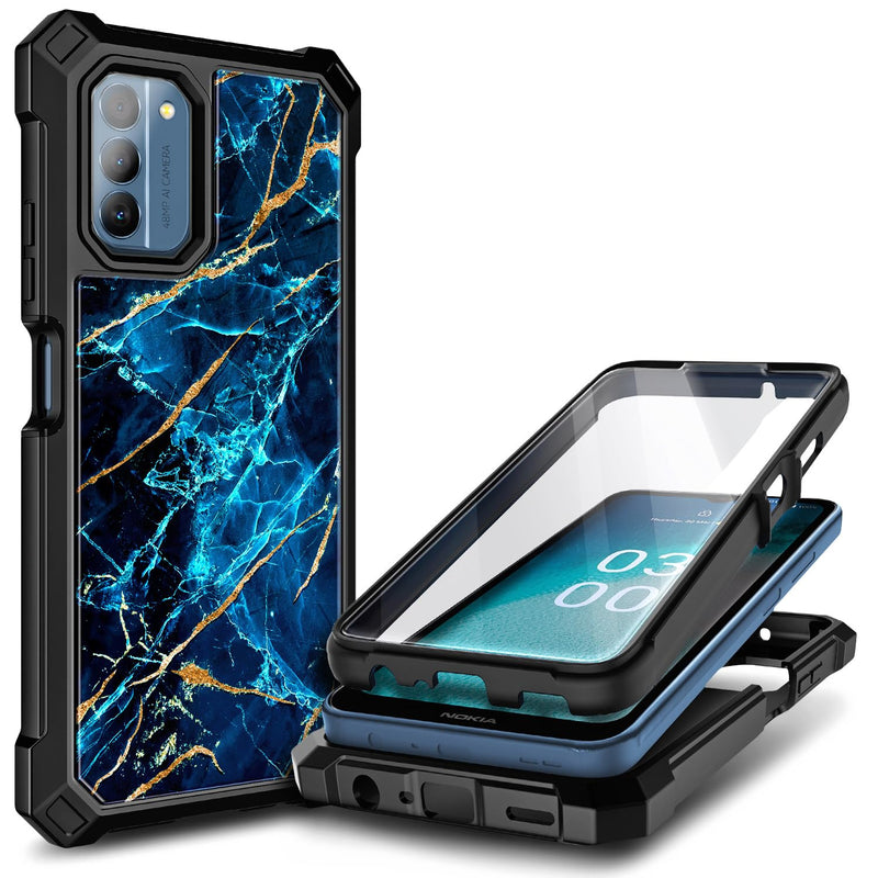 NZND Compatible with Nokia G100 Case (N150DL) /Nokia C300 (N155DL) with [Built-in Screen Protector], Full-Body Protective Shockproof Rugged Bumper Cover, Impact Resist Phone Case (Sapphire) Marble Design Sapphire