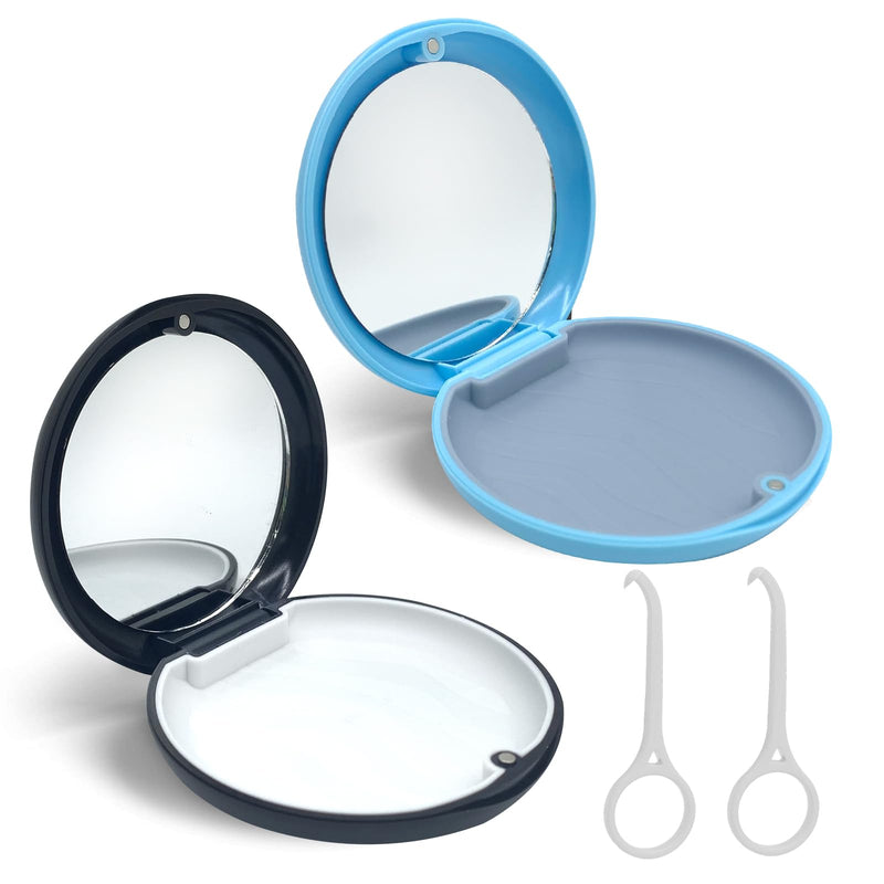 Braces Box, Pack of 2 Portable Storage Box for Dentures Container with Mirror Empty Denture Box Container for Dentures Box with Aligner Removal Tool (Blue + Black) Black + Blue