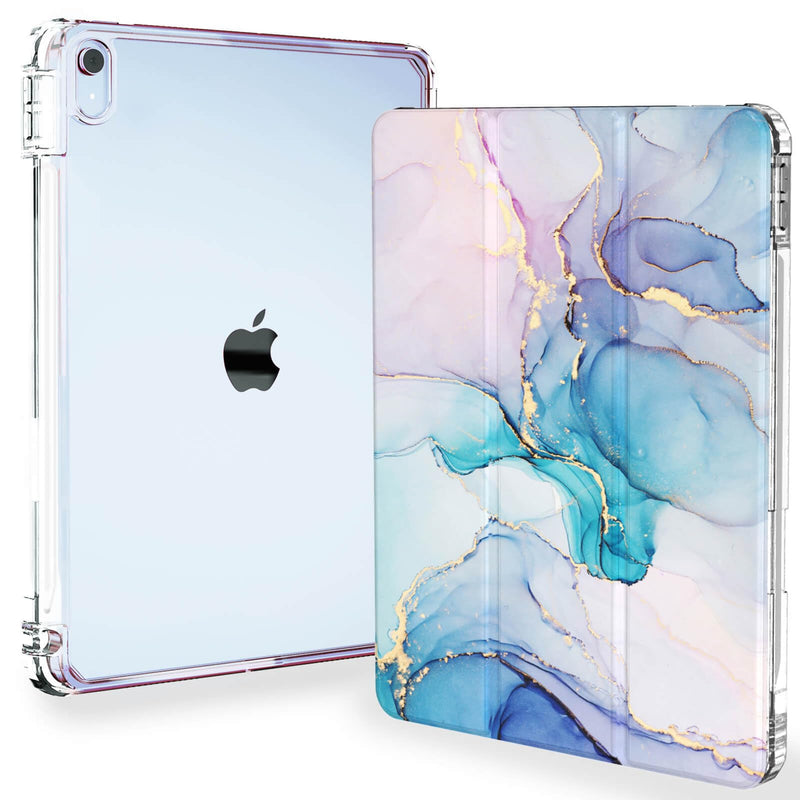 iPad Air 5th Generation case, Feams Slim Trifold iPad Air 5th/4th Generation 10.9 Inch 2022/2020 Case Clear Back Cover with Auto Sleep/Wake & Pencil Holder for iPad Air 5/4, Watercolor Marble