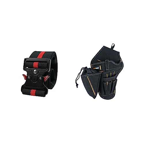MELOTOUGH 2" Nylon Web Work Belt with Heavy Duty Quick Release Rugged Metal Buckle + Drill Holster Impact Driver Holster with Bit Pouch Heavy Duty Impact Holster for Tool Belt (Left Hand)