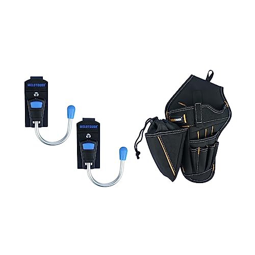 MELOTOUGH Tool Holster Cordless Drill Holster Tool Belt Hook with Metal Clip for Work Belt（Blue 2pcs）+ MELOTOUGH Drill Holster Impact Driver Holster with Bit Pouch (Left Hand)
