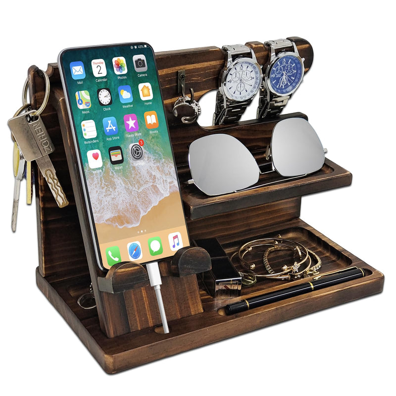 Nightstand Organizer with Phone Docking Station and Desk Organizer - Brown Wooden Gift for Men and Dad
