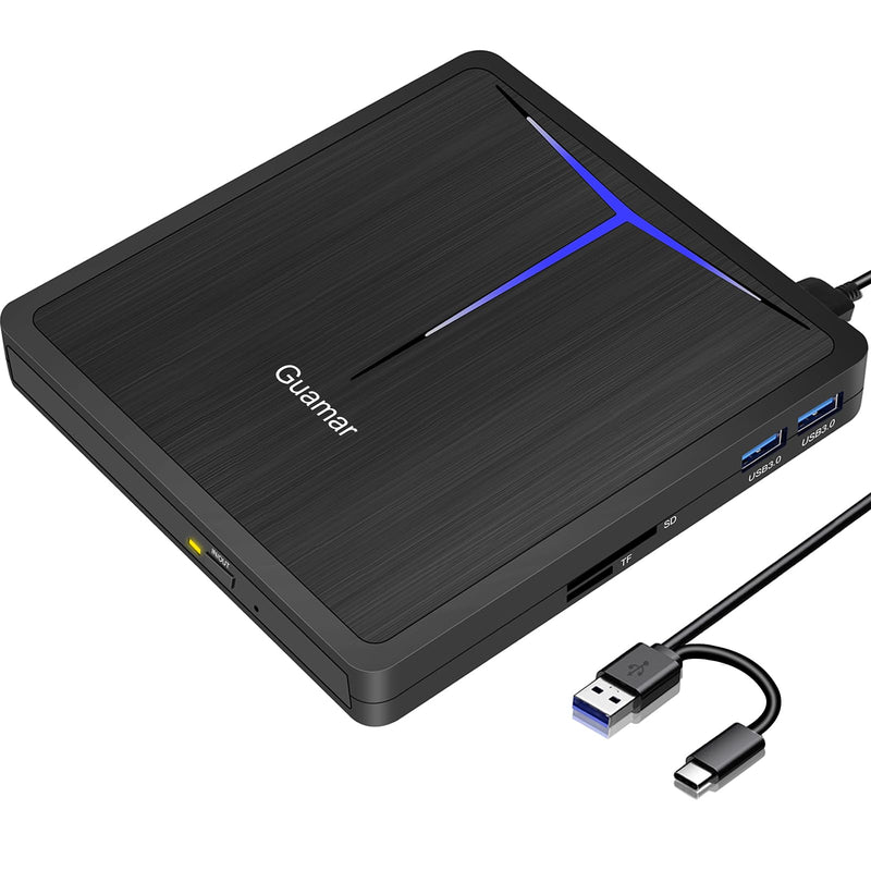 Guamar External CD/DVD Drive for Laptop, USB 3.0 USB-C DVD Player CD Burner with 2 USB Ports SD TF Slot, Portable CD DVD ROM Drive Disk Reader Writer for PC Mac MacBook Windows 11 Linux Light Black