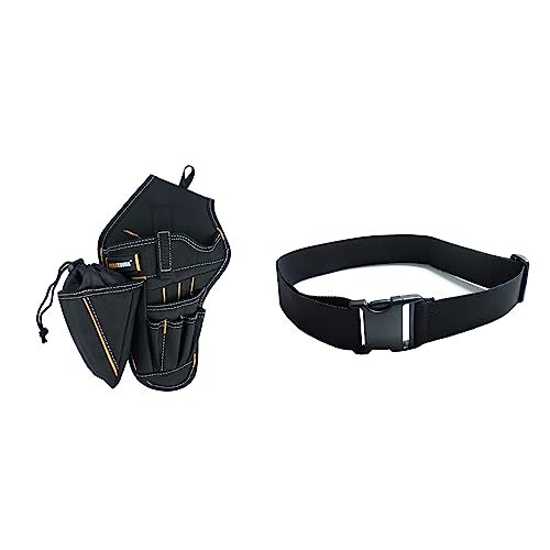 MELOTOUGH Drill Holster Impact Driver Holster with Bit Pouch Heavy Duty Impact Holster for Tool Belt (Left Hand) + Tool Web Work Belt 2" inch Wide Belt Black Simple Style for Woodworkers