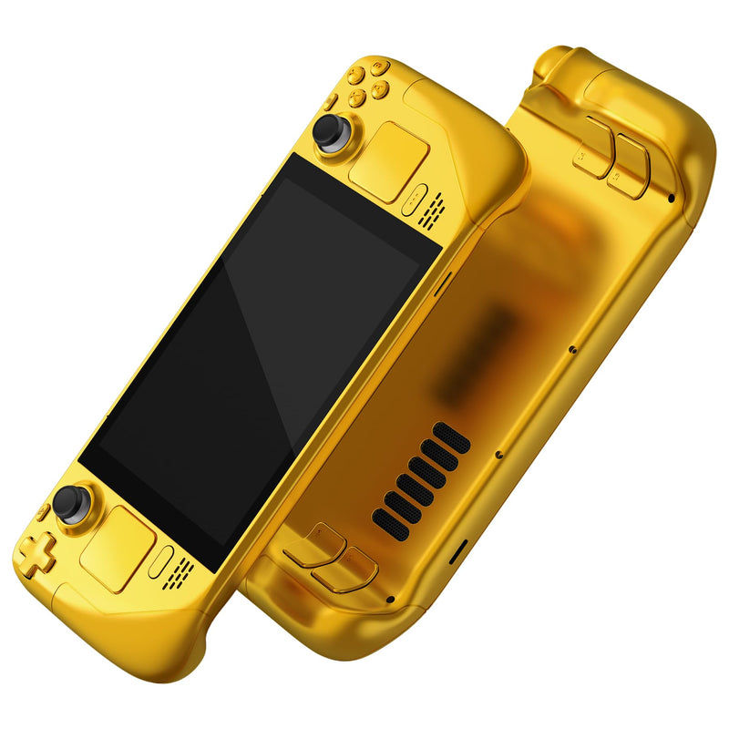 eXtremeRate Chrome Gold Custom Glossy Faceplate Back Plate Shell for Steam Deck, Handheld Console Replacement Housing Case, DIY Full Set Shell w/Buttons for Steam Deck Console - Console NOT Included